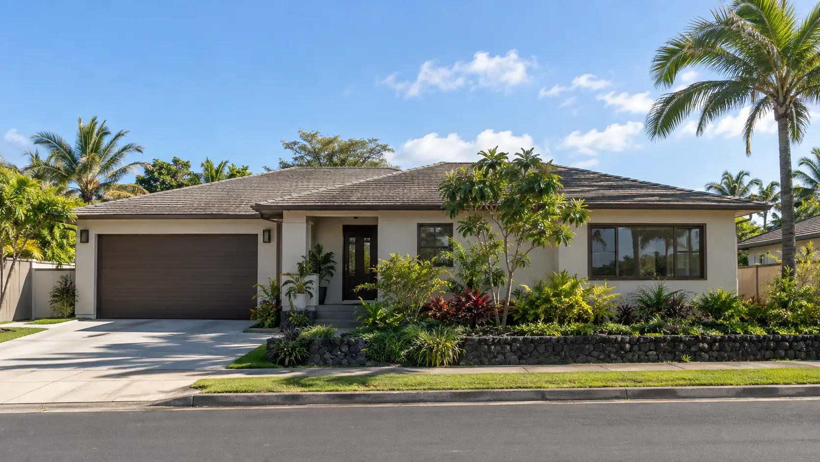 Single-storey home with bronze windows, pale stucco and a tropical front garden.