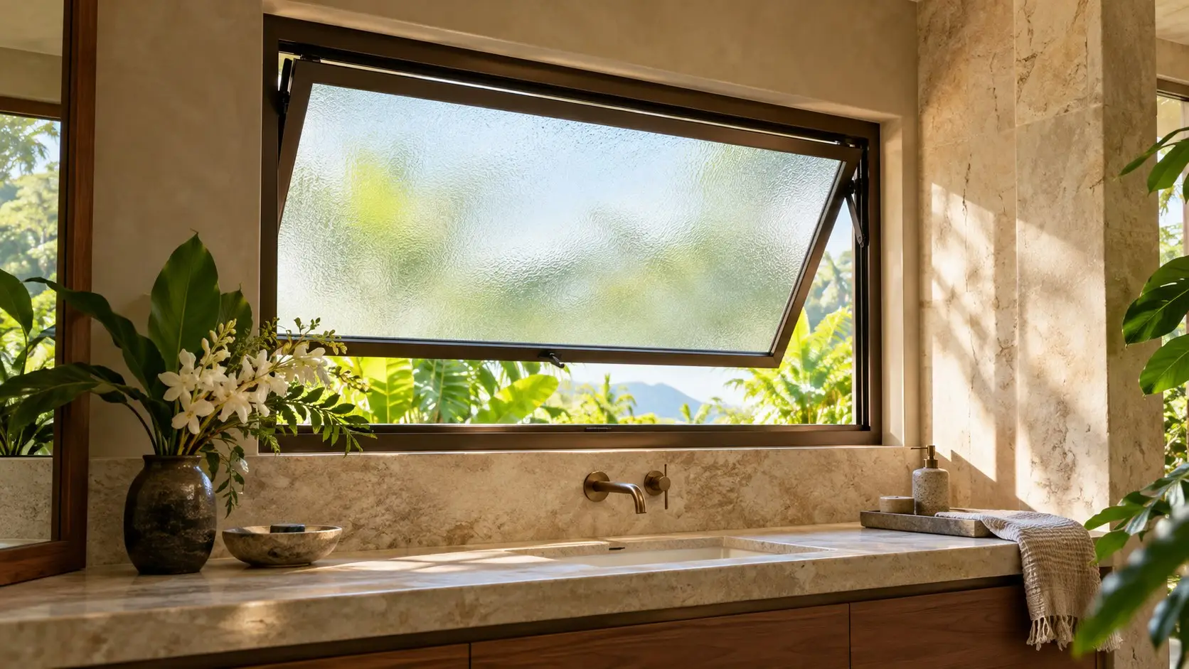 Bronze top-hinged awning window with its lower edge open above a stone bathroom vanity.
