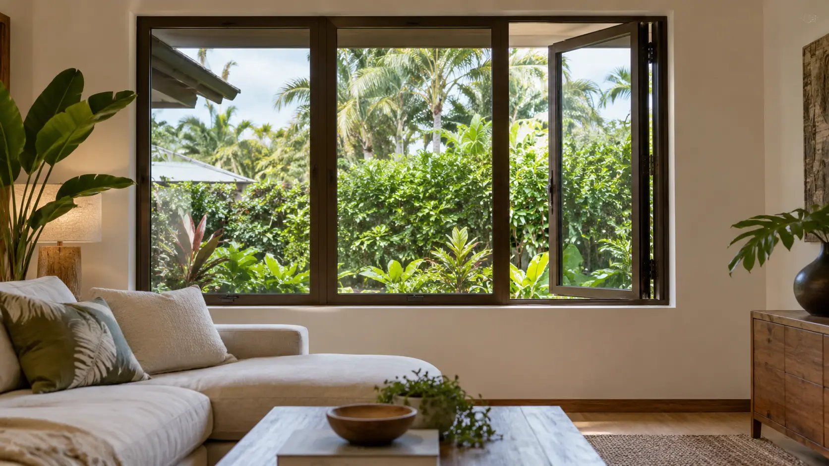 Bronze side-hinged casement window opening outward toward shrubs and palms.