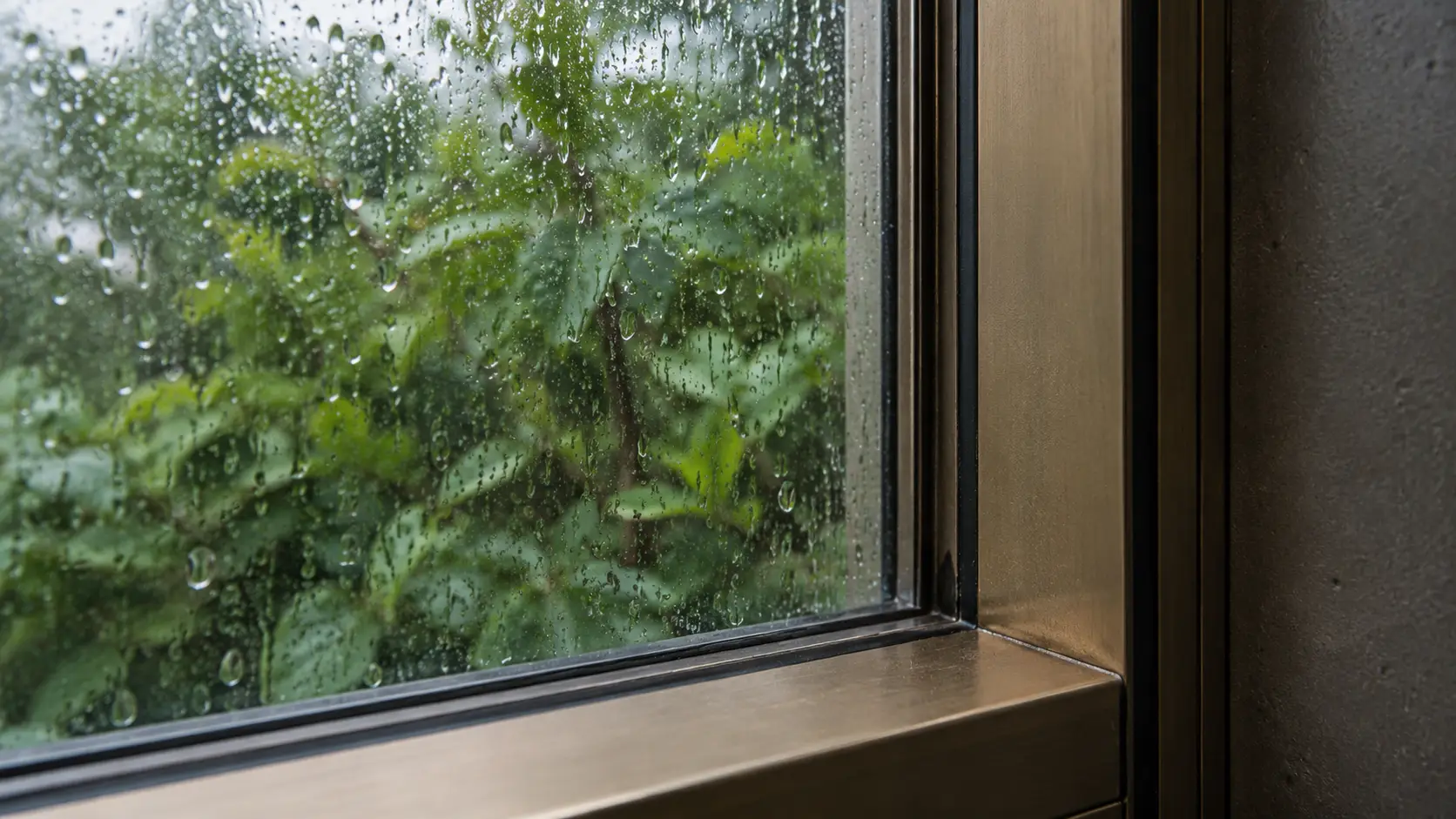 Raindrops on glass beside a bronze window frame, with soft green leaves beyond.