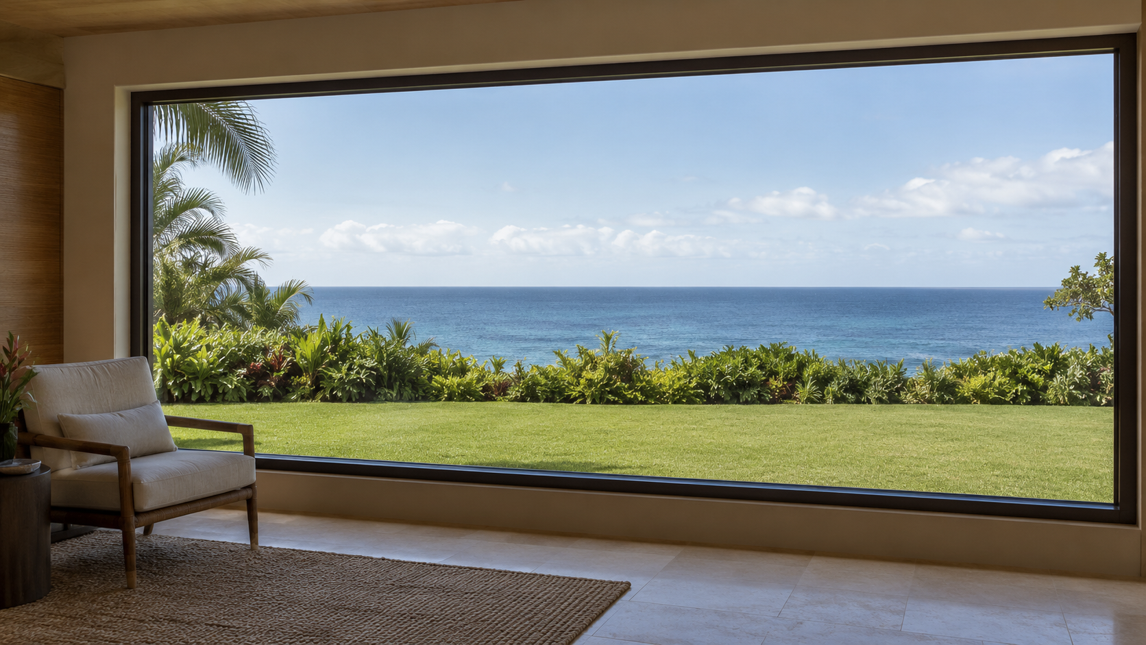 Broad bronze-framed picture window overlooking a lawn, low tropical planting and the ocean.