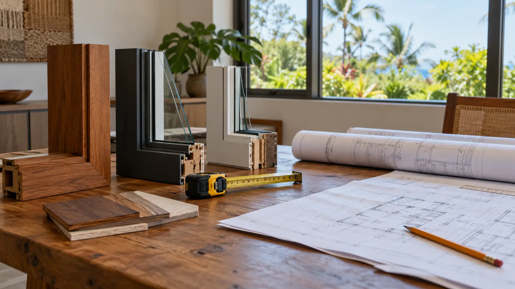 Window frame samples, measuring tape and rolled drawings on a wooden desk beside a garden window.