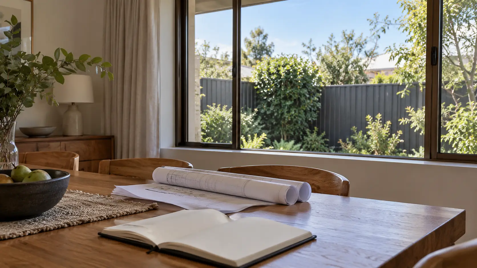 Rolled architectural drawings and a notebook on a dining table beside a garden-facing window.