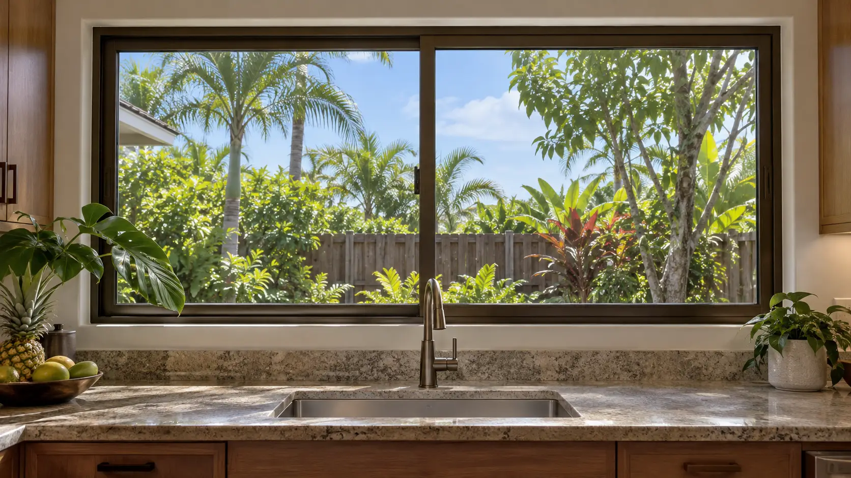 Two-panel bronze sliding window above a kitchen sink, overlooking a fenced tropical garden.