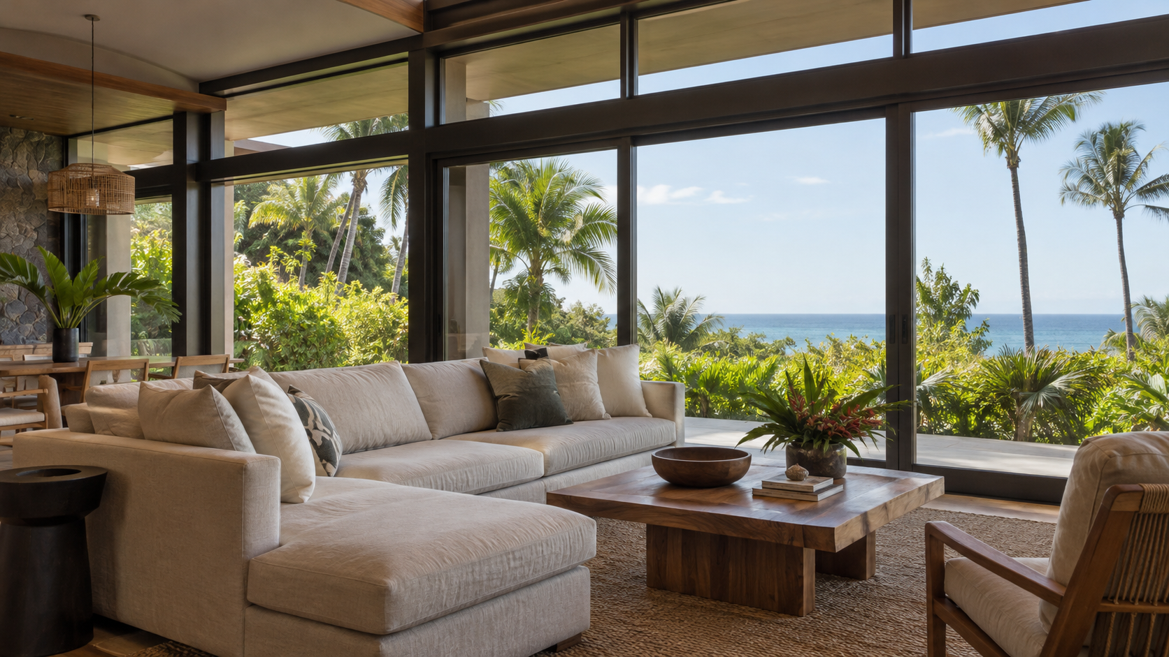 Bronze-framed living room windows overlooking a leafy garden and a distant ocean horizon.